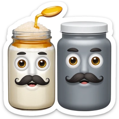 Garama and Madundung are together a gray container of salt and a honey container with a cloth on top. They each have eyes with white in the middle, a mouth, nose, and mustache both customary to their colors. They have hairy legs and emit an aura of salt (Garama), and honey (Madundung). sticker