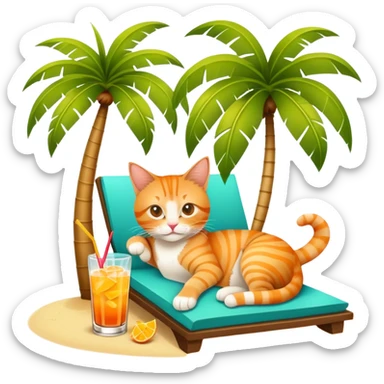 Orange tabby cat lounging under a palm tree with a mai tai tropical drink sticker