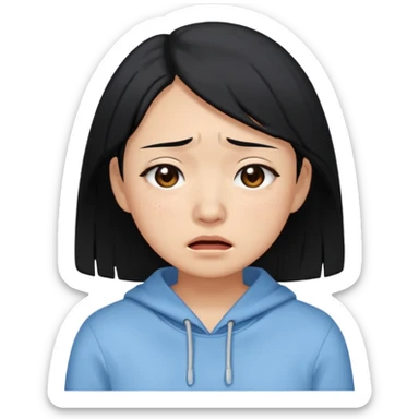 A crying East Asian woman with black hair, wearing light blue clothing. Her skin appears dry. sticker