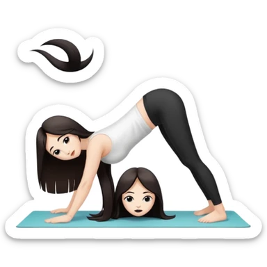 Девушка белокожая в позе собака мордой вниз, с длинными темными волосами, в коротком белом топе, в черных лосинах, с черными ресницами sticker