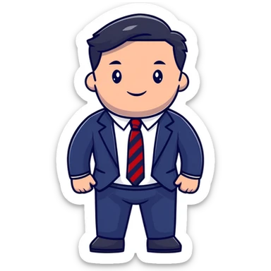 man wearing a dark blue-gray business suit with black horizontal stripes on the arms and legs, white shirt and red tie sticker