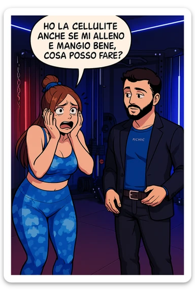 TRASFORMA QUESTO CAROSELLO IN UN FUMETTO STILE WEBTOON/MANGA A COLORI CON QUESTE DUE PERSONE IDENTICHE CHE INTERLOQUISCONO TRA LORO, LA DONNA è DISPERATA CON LE MANI SULLE GUANCE E STA DOMANDANDO TUTTA AGITATA UNA COSA ALL'UOMO:

LEI (DONNA): Ho la cellulite anche se mi alleno e mangio bene, cosa posso fare? sticker