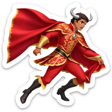 ​Cinematic Realistic Spanish Matador Holding a Red Cape, depicted in mid-action with a vibrant red cape flowing in the wind, dressed in an ornate traje de luces with shimmering details, confronting a charging bull in a dramatic arena, rendered with dynamic motion blur and vivid, high-contrast lighting, sticker