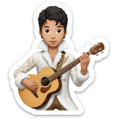 Cinematic realistic portrait of Singer Prince in a guitar pose in white lace and fur from the Round the World in a Day album tour sticker