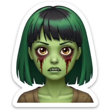 Uma zumbi com os cabelos pretos, mediano, liso e com franja, olhos castanhos sticker