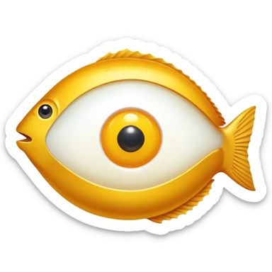 Golden liver, egg yolk, and fish floating around an eye sticker