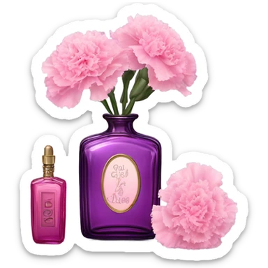 Aesthetic still life of delicate pink carnations beside a vintage purple perfume bottle. sticker
