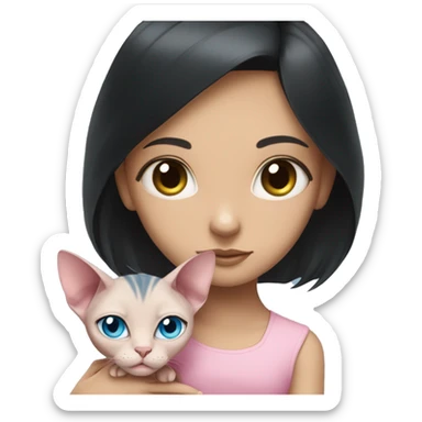 A girl with black hair hugs a pink sphinx cat with blue eyes sticker