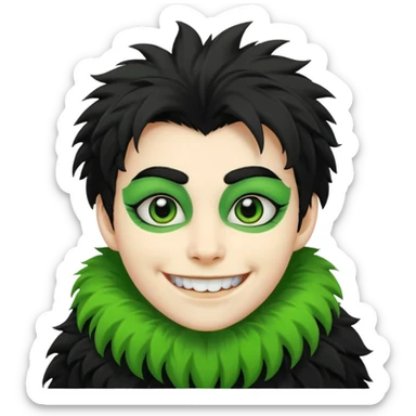 A bald person with bright white skin with a green sclera and green teeth, grinning widely. Has fluffy black neck fur, with a fluffy black body sticker