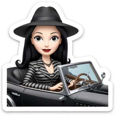 Morticia Addams Barbie, 1910 Morticia Addams from academy, in dark-gray and black striped outfit with hat. Smiling Driving Mercedes convertible sports car. Pale-white porcelain skin.  sticker