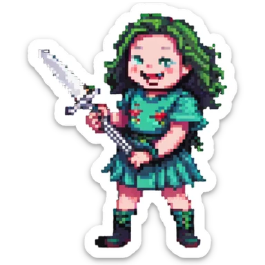 pixelated savage person in 1988 fashion with neon colors, holding knife, wicked laugh sticker