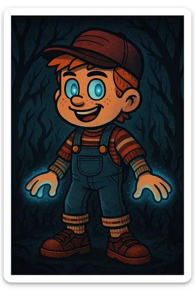 Transform the character into a 'Stranger Things' inspired version in vibrant toon style. Add 80s clothing, supernatural effects, and references to the Upside Down, keeping the vibrant and colorful toon aesthetic. sticker