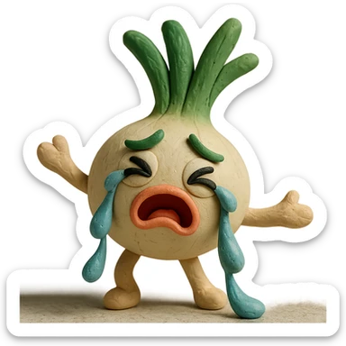 pastel kawaii claymation green onion character, round white body, large expressive eyes, green leafy hair, humorous crying face with dramatic onion juice tears, silly expressive pose, visible clay fingerprints, high quality lighting, transparent background sticker