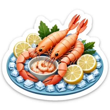 Create a realistic seafood platter with cooked prawns, ice, & garnish. sticker