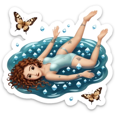 full body woman long curly brown hair brown eyes white skin tattoos lying in shallow water, floating crystals and moths above sticker