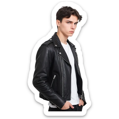 Danila Bagrov from Brother 2 movie, young Russian man with short dark hair, serious expression, wearing black leather jacket sticker