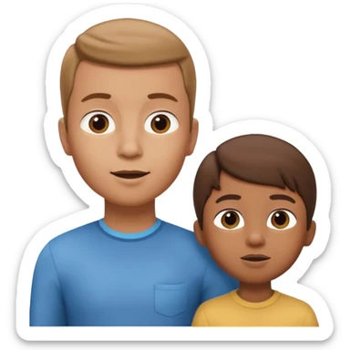 A 3D cartoon child looking up at a tall adult, white background, friendly expression, Memoji-style. sticker