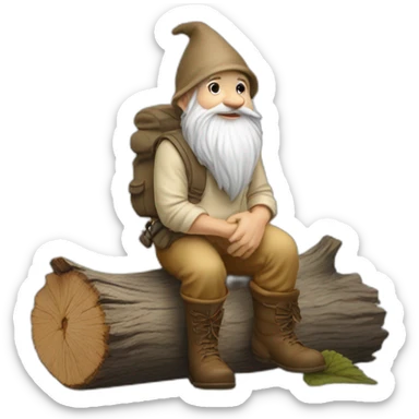 side view of gnome with light tan pants and light tan boots squatting above small brown log sticker