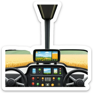 a view from the tractor cabin, with the dashboard in focus, overlooking a vibrant rural landscape. Inspired by Farming Simulator 22, the scene includes fields, crops, and distant barns under a bright sky. The design highlights the immersive experience of farm management. transparent background sticker