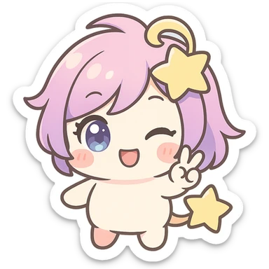 Stella Puff (星星噗噗) in kawaii chibi style, front view, winking and making a peace sign, big sparkling blue-violet eyes, pastel pink-purple gradient hair with a yellow star swirl, creamy white round body, coral pink blush, short arms and legs, golden star tail, clean lines, transparent background sticker