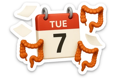emoji stile iphone di un calendario con fogli che volano insieme a pezzi anatomici di colon umano, iperrealistico 4k, isolato su sfondo bianco sticker