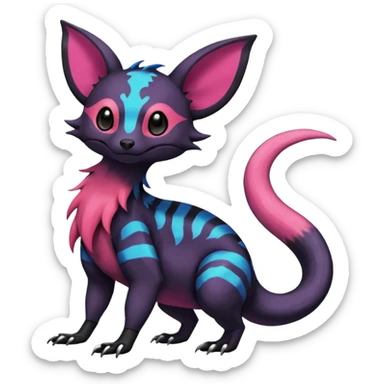 Rare epic aesthetic colorful Salandit-Noibat-Eevee-Civet-species-Fakemon-hybrid-creature, with markings, full body sticker