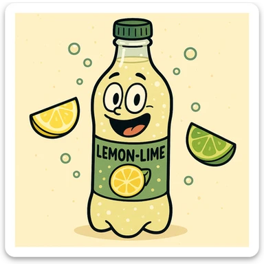 cartoon style illustration of a bottle of lemon-lime soda, with lemon and lime wedges, cool and sparkling sticker