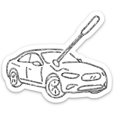 hand-drawn outlined icon of a high-end car with a rod tool touching a dent, matte black, fine silver lines, minimal sticker