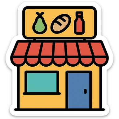 grocery store icon, flat color style, bold and easy to identify, modern look sticker