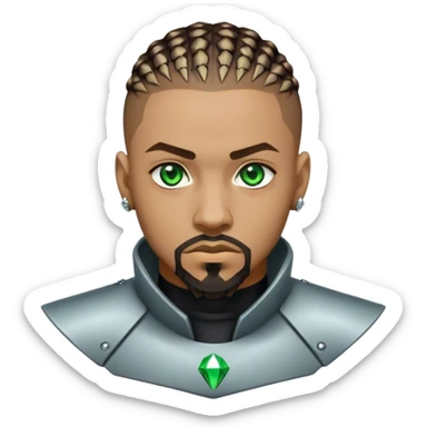 Light skinned African American male with green eyes as a cyberpunk hacker with cornrows hairstyle but short cornrows  with goatee facial hair with small diamond stud sticker