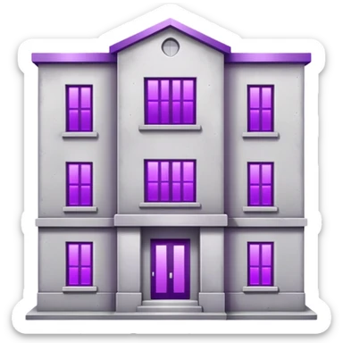 Small gray concrete apartment building with bright purple window glow, stark and simple sticker