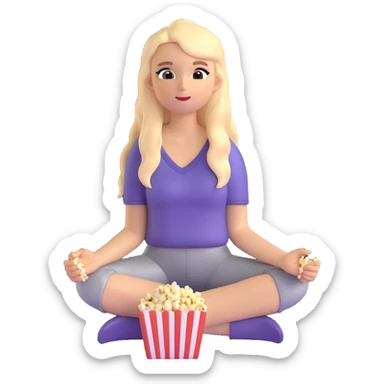 white girl with long hair sitting cross-legged on the floor, eating popcorn, emoji style sticker