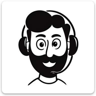 A person with black hair, brown eyes, a black beard, wearing a gaming headset sticker