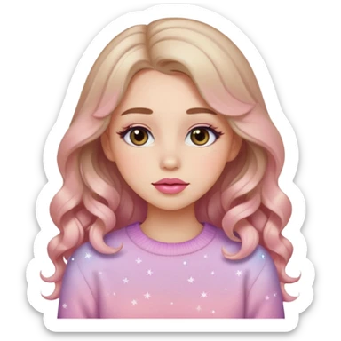 “Emoji girl, soft eyeliner, gradient rose lips, light brown shimmer eyeshadow, sparkly aegyo-sal, long wavy hair, cozy pastel sweater.” sticker