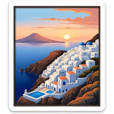 Cinematic Realistic Santorini Caldera Landmark Emoji, featuring white-washed buildings perched on volcanic cliffs, overlooking the deep blue Aegean Sea, with warm sunset hues illuminating the sky and reflecting off the water. sticker