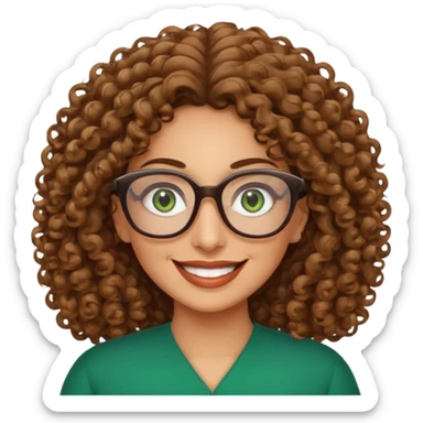 40 yr old Iranian woman, light brown very curly thick hair, shoulder length hair, green eyes, tan skin, big smile, big glasses sticker
