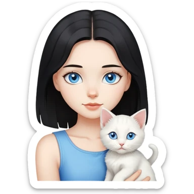 Chica con pelo negro hasta los hombros con gatito blanco con ojos celestes  sticker