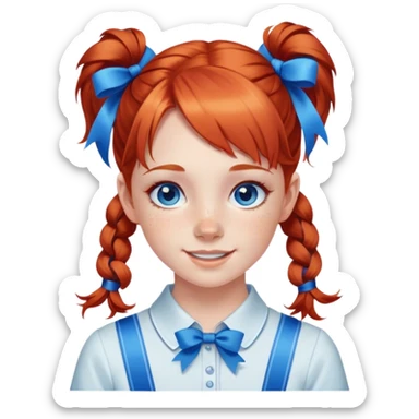 A cheerful, young red-haired girl with bright blue eyes and freckles, styled in two playful pigtails tied with blue ribbons. sticker