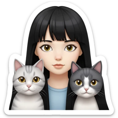 girl with long black  straight bangs hair and two light grey-shared cats sticker