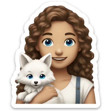 Girl long curly brown hair smiling and blue eyes and holding a white fox in her arms sticker