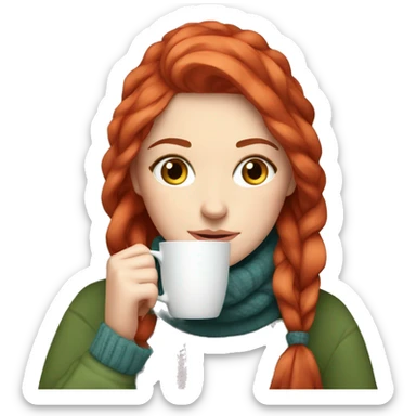 White girl red hair in a sweater and scarf sipping tea  sticker