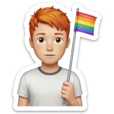 A gay, ginger, young, freckled, boy with a shirt with JUDE on it holding a pride flag sticker