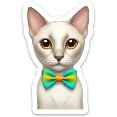 white siamese cat with light brown nose wearing a colorful bowtie sticker