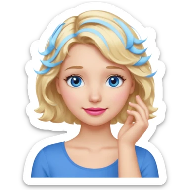 Girl Blonde short wavy hair,  blue eyes, cute blue top, long lashes, pink lips, smiling, 🤦🏻‍♀️ sticker