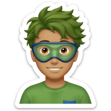 A teenage boy, tanned, wearing a green t-shirt , blue jeans and green sneakers with brown wavy tousled hair, smirking, wearing a green face mask sticker
