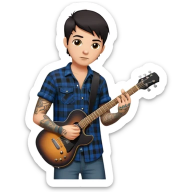 a guitarist with short dark hair, tattoos on his arms and chest, and a black plaid short sleeve flannel shirt sticker