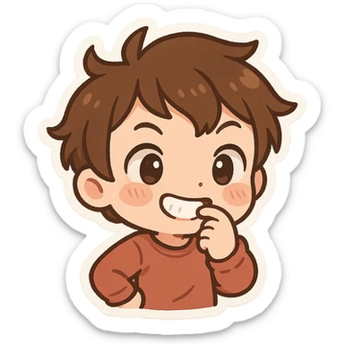 cartoon character biting their nail with a smile, playful and expressive sticker