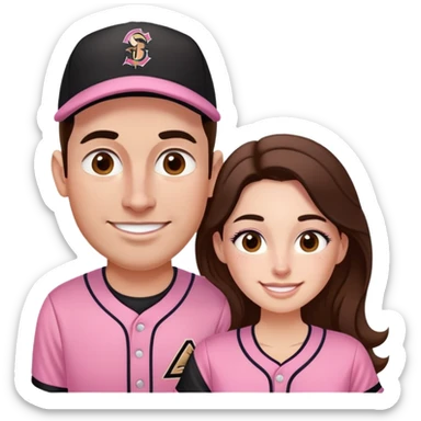 *White* couple smiling. Woman has big cheeks and a lot of freckles on the nose. long brown hair. Man has black and very short hair and prominent eyebrows with egipcian nose. Both are wearing “Los Padres” baseball new pink jearsey sticker