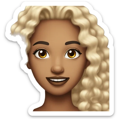 An baddie, with light skin, she look like a queen, she have brown curly hair, he wear makeup on, big fake lashes  black, red brown lip gloss, she smile sticker