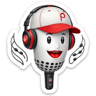 Create a dynamic and energetic emoji that represents beatboxing. The design should feature a stylized microphone with lips and baseball cap on it, sound waves emanating from it , symbolizing vocal percussion and rhythm. Add elements like headphones or a subtle speaker to emphasize the music production aspect. Use bold colors like black, white, and red to convey the intensity and creativity of beatboxing. The background should be transparent. sticker